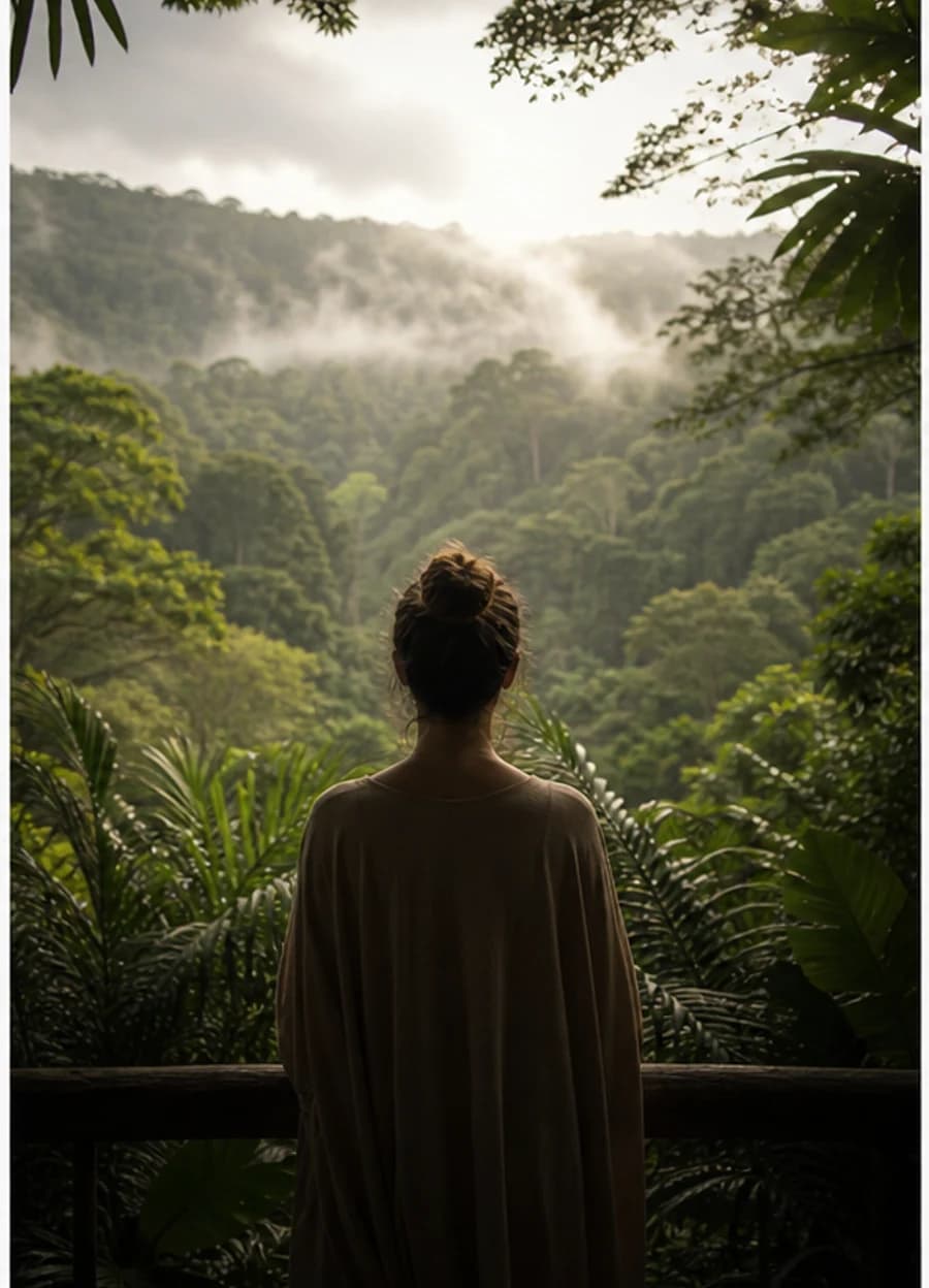 Pessoa contemplando uma floresta tropical.