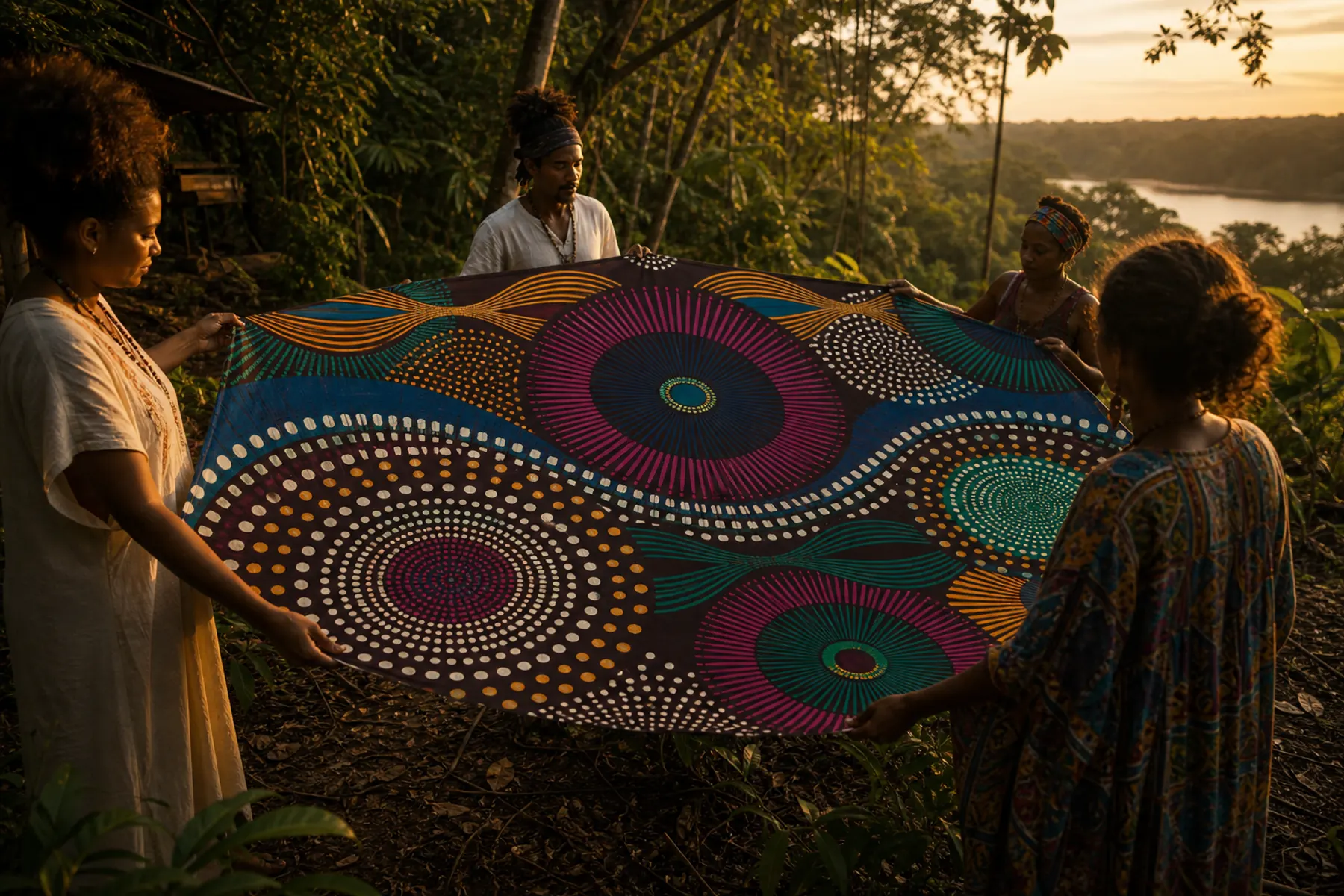 Pessoas em ambiente amazônico segurando tecido circular com grafismos afrodescendentes coloridos.