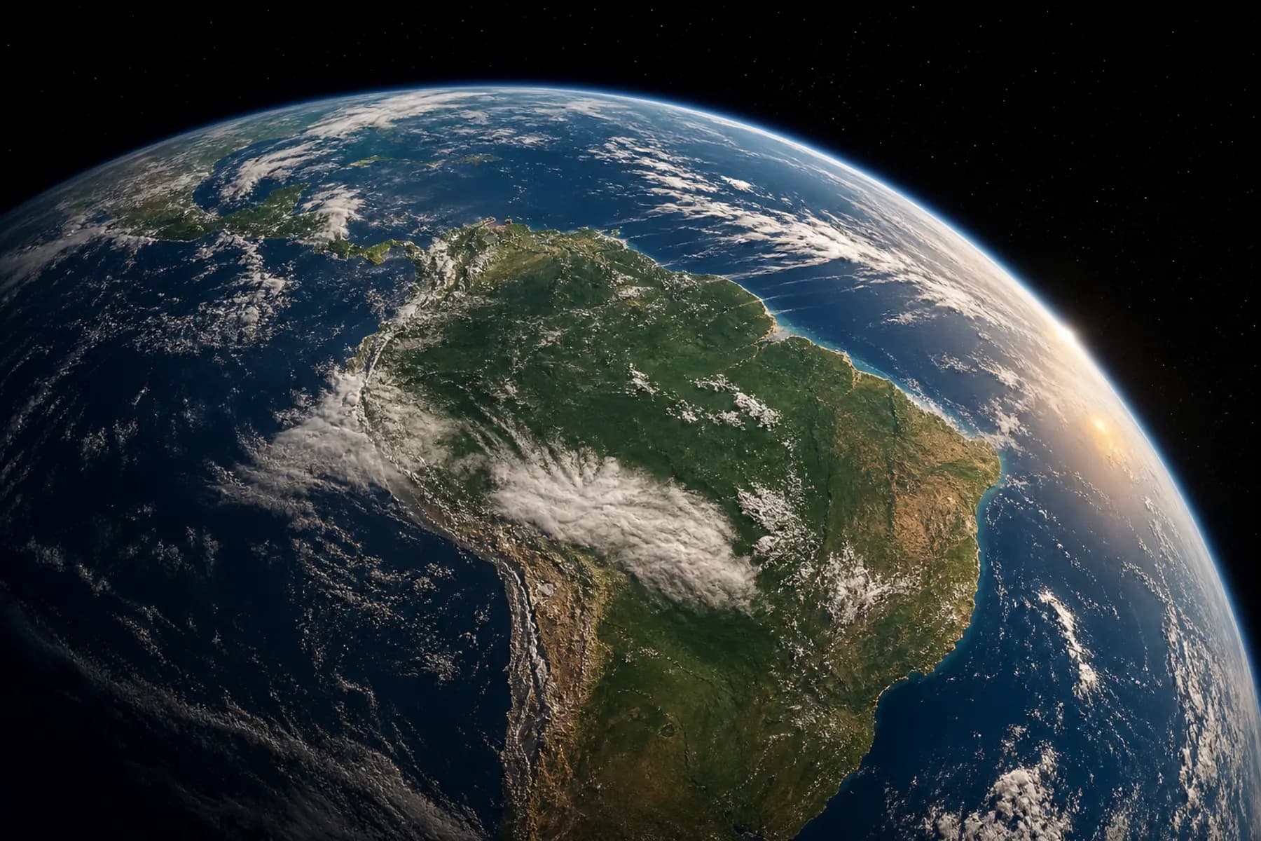 Planeta Terra visto do espaço com a América do Sul e nuvens sobre a região amazônica.